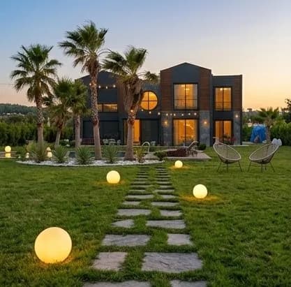 MEF Village — bahçe yolu ve aydınlatma